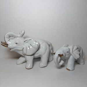 Vintage White Ceramic Elephant Set Trunk Up Good Luck Figurine Pair Gold Accents